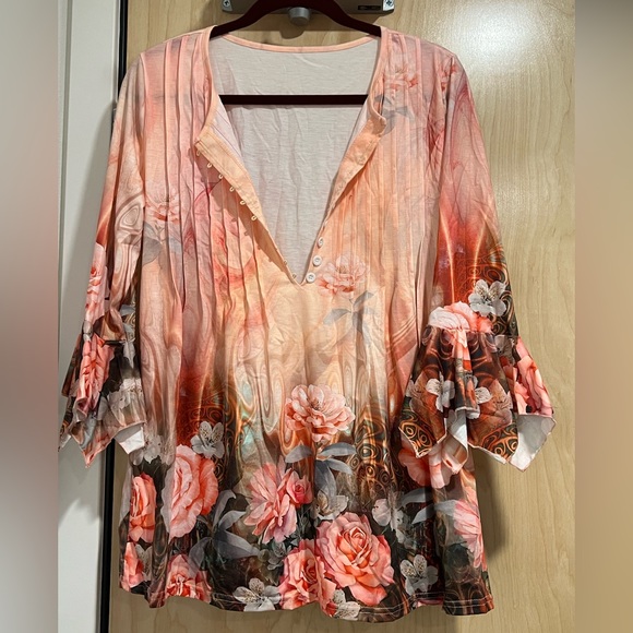 Floral Print V-Neck 3/4 Bell Sleeve Bohemian Blouse - Picture 3 of 7